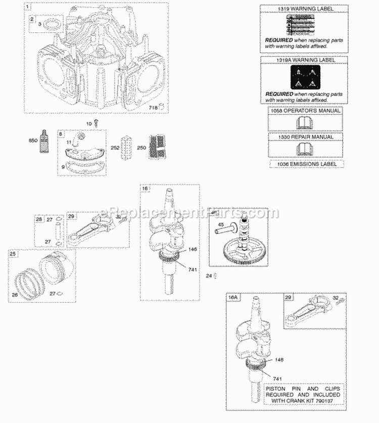 Cylinder Engine Sump Diagram and Parts List for 44Q777-0025-E1  Briggs and Stratton Engine